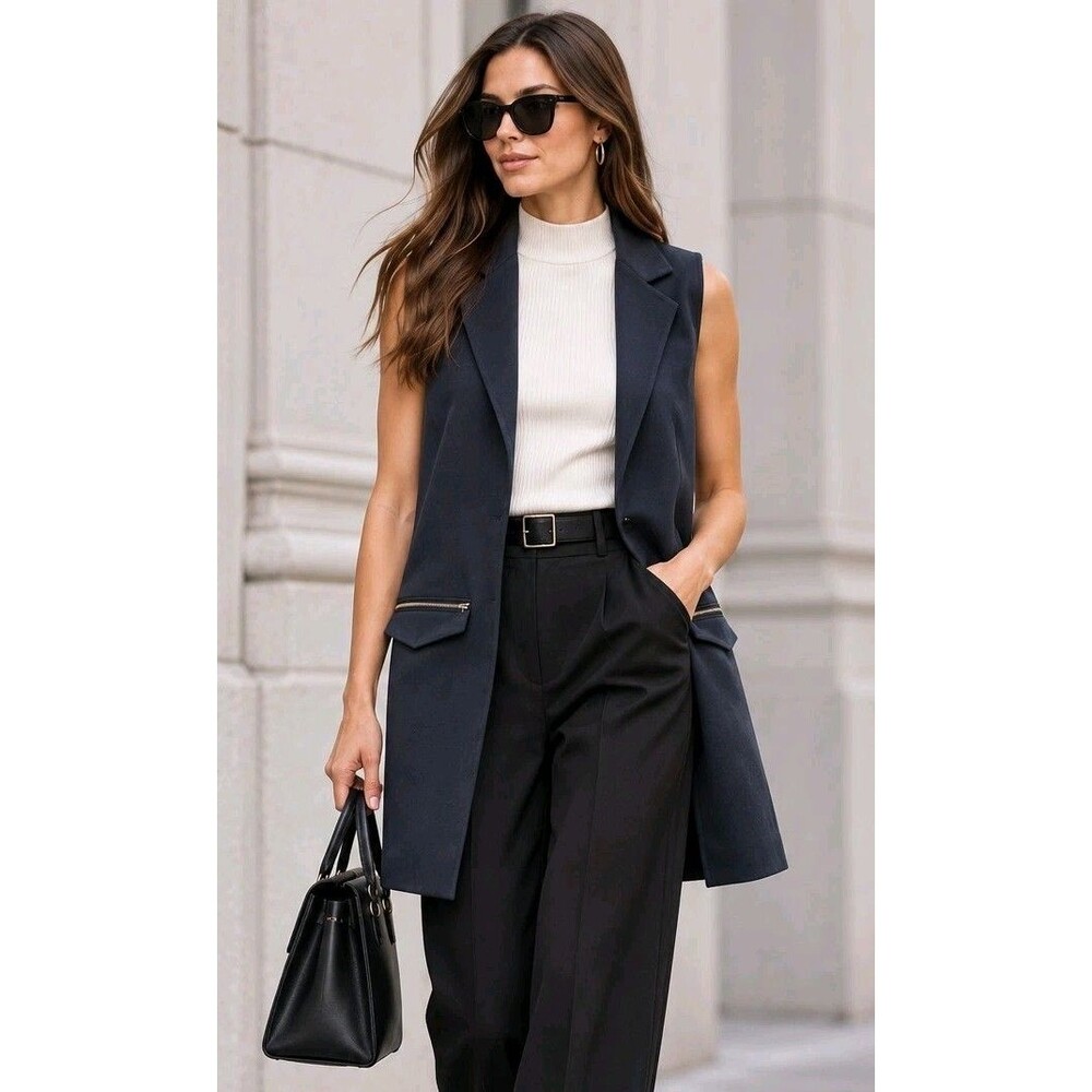 Topshop Navy Longline Sleeveless Vest US 2 Raw Edge Zip Pockets Tailored